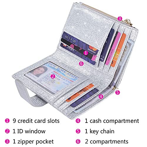 Womens Wallets RFID Small Compact Bifold Leather Card Holder Zip Pocket - color: Glitter Silver