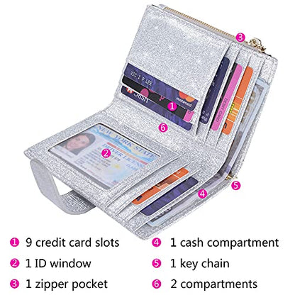 Womens Wallets RFID Small Compact Bifold Leather Card Holder Zip Pocket - color: Glitter Silver