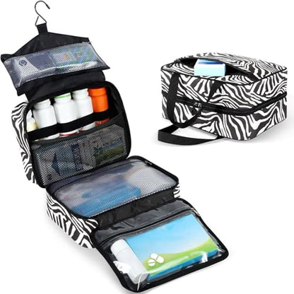 Travel Toiletry Bag for Woman/Men, Modern Wild Animal Zebra Skin Black and White Hanging Organizer Bag with Pockets Portable Folding Travel Case Bags for Makeup Cosmetic Toiletries Traveling-L - size: Large: 12.6 x 9.06 x 5.71 Inches, style: Black and Whi