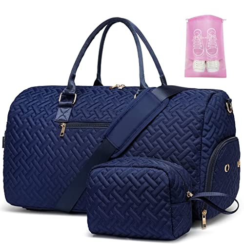 Duffle Bag for Travel, Weekender Bag with Shoe Compartment, Carry On Overnight Bag for Women with Toiletry Bag, Gym Bag with Wet Pocket, Hospital Bags for Labor and Delivery Beige - color: Navy, style: Style1