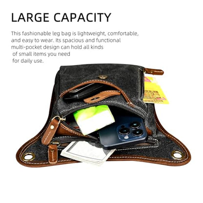 Water Resistant Canvas + Leather Motorcycle Fanny Waist Pack One Shoulder Drop Leg Thigh Bag For Men Women FB211-6 - color: 211-5 Black