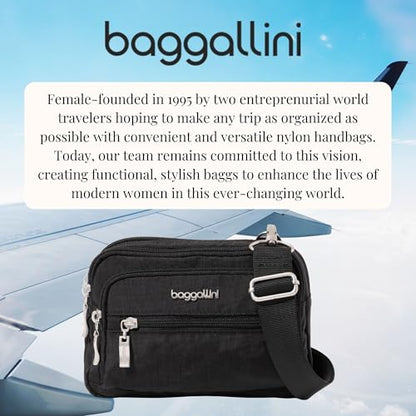 Baggallini Triple Zip Small Crossbody Bag for Women - Lightweight Convertible Fanny Pack Belt Bag - color: Black With Sand Lining, style: Wide Strap