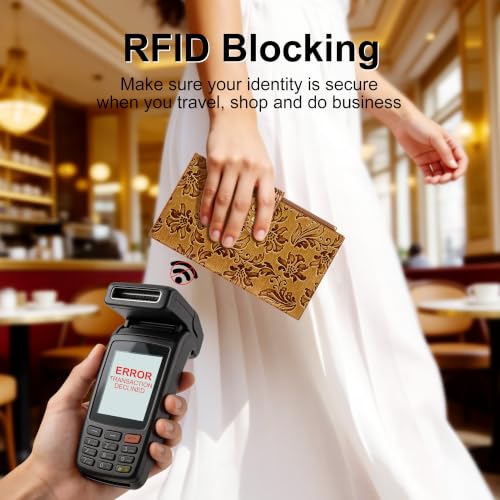 Travelambo Womens Leather Bifold Wallet, Slim RFID Blocking Card Holder - color: Brown Flower