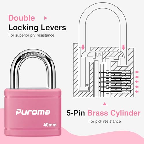 Puroma 2 Keyed Padlock with 3 Keys 7/8" School Locker Lock Gate 40mm Pink - color: Pink