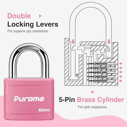 Puroma 2 Keyed Padlock with 3 Keys 7/8" School Locker Lock Gate 40mm Pink - color: Pink