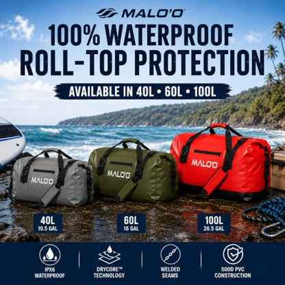 Malo’o Waterproof Dry Duffel, Heavy-Duty Roll Top Waterproof Gear Bag with Shoulder Strap & Molle Loops, Marine Duffel for Kayaking, Boating, Camping, Beach & Travel, Black, 60L - color: Black, size: 60L