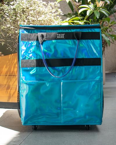 Reusable Grocery Bag with Wheels, Large Glitter Blue Rolling Tote | 8 Pockets, Zipper Cover, Foldable for Women, Kitchen, Travel, Carries Up to 76LBS - color: Glitter Blue, size: Large
