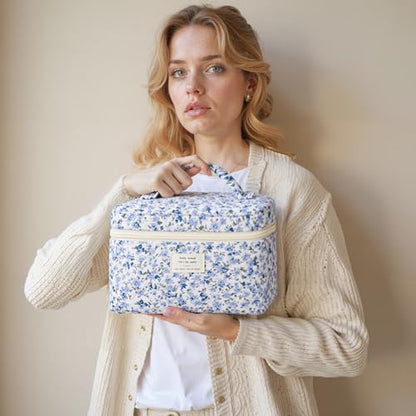 HBselect Quilted Makeup Bag, 3Pcs Cotton Large Travel Makeup Bags Organizer - color: A-3PCS-Floral 42