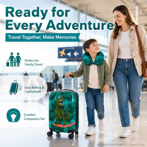 2PC Kids Luggage Set, Boys Carry on Suitcase with Skater Dinosaur Design - color: Blue Cool Dinosaur 2PCS Luggage Set