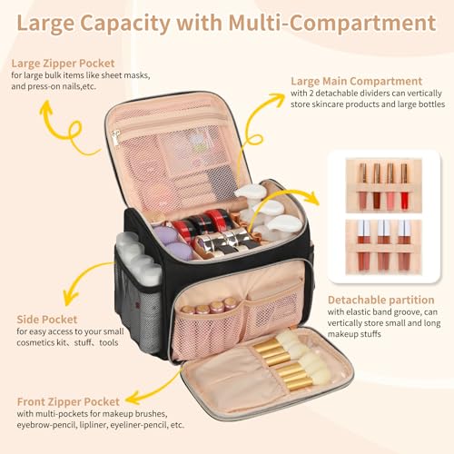 Makeup Case, Large Make Up Bag Organizer, Travel Cosmetic Storage - color: Black