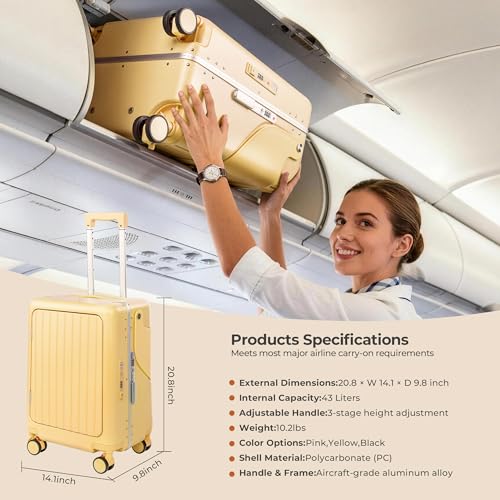 20" Ride-On Luggage with Child Seat, Hardside Carry-On Suitcase with Front Access Shockproof Silent Spinner Wheels, TSA Lock, Charging Port for Kids & Adults & Busy Moms - color: Yellow