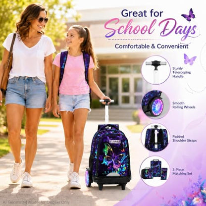 3Pcs Rolling Backpack for Girls with Light Up Wheels, Detachable Large Wheels, Kids Butterfly Wheeled Backpack Set for Elementary School Travel (Black) - color: Butterfly Black