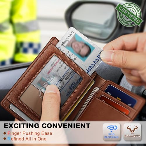 BULLIANT Slim Leather Wallet For Men 12Cards Magnetic Closure RFID Blocking - color: Brick Brown8272