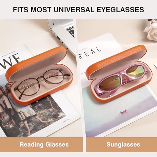 Marvolia Glasses Case Hard Shell Large Eyeglasses Case | PU Leather Protective Cases for Sunglasses Eyeglasses with Cleaning Cloth for Men Women - color: Orange
