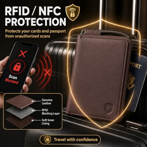 ALLEN & MATE Leather Passport Holder for Travel, RFID Zip Travel Wallet - color: Brown