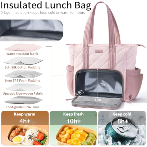 Bagstellar Lunch Tote Bag for Women, 3 in 1 Work Bag with Lunch Compartment - color: Pink