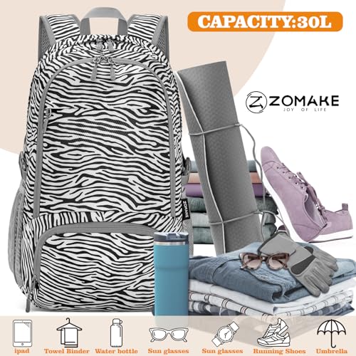 ZOMAKE Lightweight Packable Backpack 30L, Foldable Travel Hiking Daypack - color: D-zebra Print