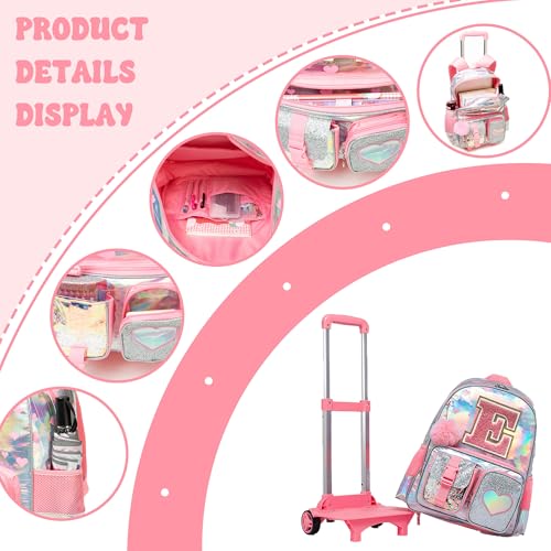 HTgroce Cute Rolling Backpack with Wheel,School Backpack for Kids Girl Roller Schoolbag Wheeled Backpacks Set Carry-on Luggage,Pink E - color: Pink, style: E