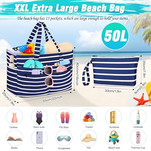 HUANLANG Extra Large Beach Bag Waterproof Beach Totes Bags for Women Men,Pool Bag with Zipper Wet Pocket - color: Dark Blue and White