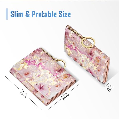 Rouidr Womens Wallet, Small Slim RFID Card Wallets for Women, Cute Front Pocket Trifold Leather Card Organizer with 7 Slots & ID Window, Gold Pink Marble - color: Gold Pink Marble