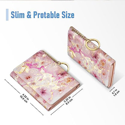 Rouidr Womens Wallet, Small Slim RFID Card Wallets for Women, Cute Front Pocket Trifold Leather Card Organizer with 7 Slots & ID Window, Gold Pink Marble - color: Gold Pink Marble