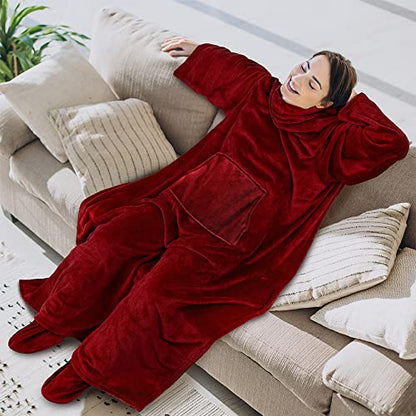 PAVILIA Fleece Blanket with Sleeves, Foot Pockets for Women Men, Dark Red - color: Wine, size: Fleece