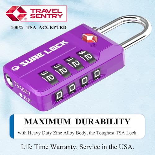 SURE LOCK TSA-Approved 4-Digit Resettable Combination Lock with Open Alert, Easy-Read Dials - for Luggage, School Lockers, Gym, Office, Toolbox & Security Cases (Dark Purple 2 Locks) - color: Dark PURPLE 2 PACK