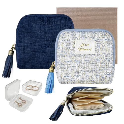2PCS Small Travel Jewelry Case with Earring Box Mini Jewelry Case - color: 2PCS Dark blue and light blue