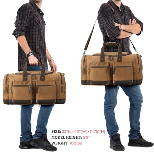 Polare 23” Waxed Canvas Cowhide Leather Waterproof Travel Duffel Bag Trim Luggage Weekender Overnight Carry on Hand Bag - color: Brown-23"