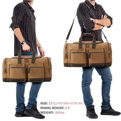Polare 23” Waxed Canvas Cowhide Leather Waterproof Travel Duffel Bag Trim Luggage Weekender Overnight Carry on Hand Bag - color: Brown-23"