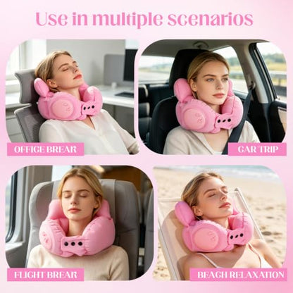 Inflatable Neck Pillow, Portable U-Shaped Travel Pillow with Adjustable Snap Pink - color: Pink