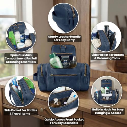 LEATHER VILLAGE Large Leather Toiletry Bag for Men Blue - color: Blue
