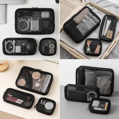 3 Pcs Mesh Cosmetic Bags Black Makeup Brush Bag for Travel Toiletry