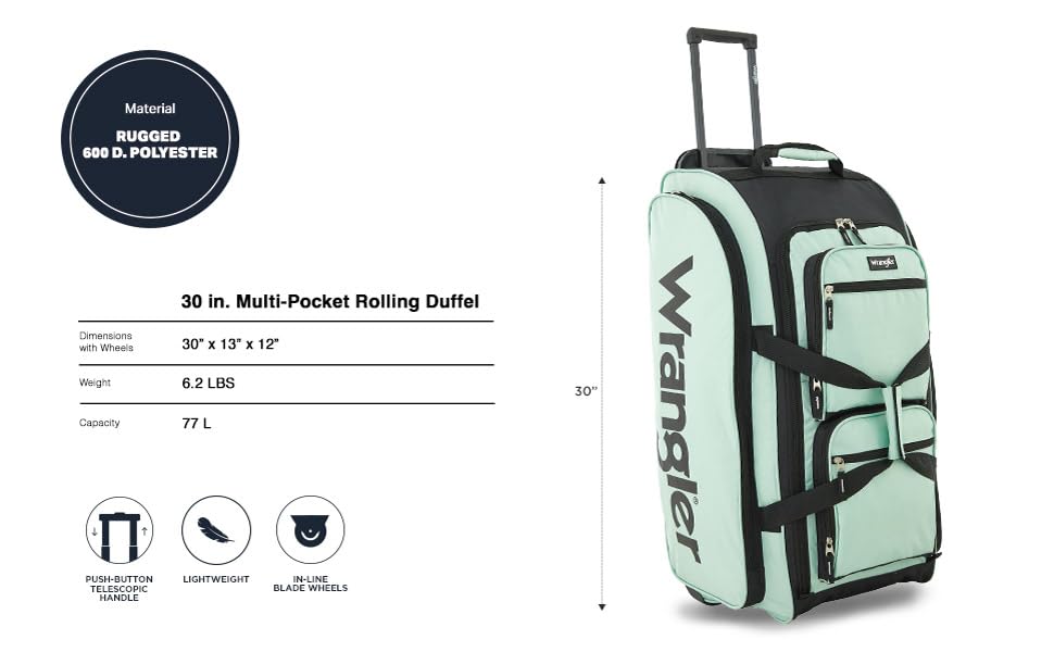 Wrangler Wesley Rolling Duffel Bag, Seaform, Large 30-Inch - color: Seaform