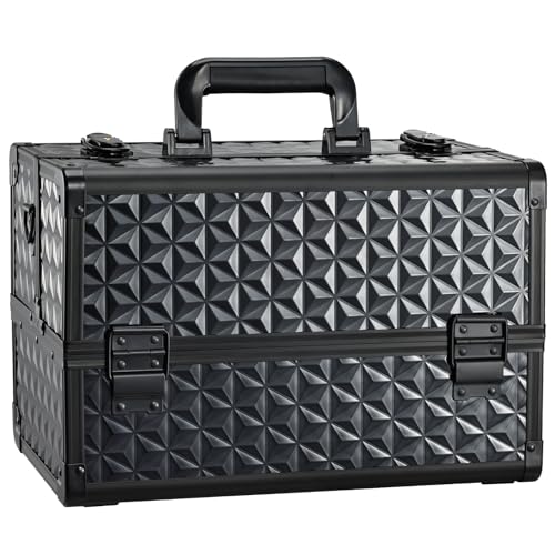 Joligrace Makeup Train Case Professional Cosmetic Organizer Aluminum Storage Box with 4 Adjustable Dividers Trays Lockable Portable with Shoulder Strap - color: Black