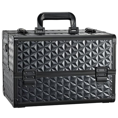 Joligrace Makeup Train Case Professional Cosmetic Organizer Aluminum Storage Box with 4 Adjustable Dividers Trays Lockable Portable with Shoulder Strap - color: Black