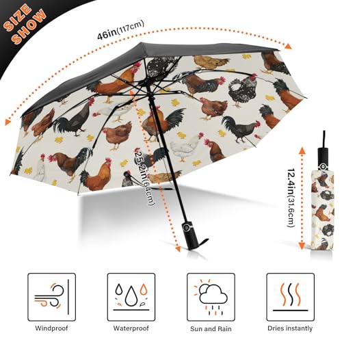 JIPONI Windproof Travel Umbrellas 01 - Large Compact Umbrella for Rain & Sun, Automatic Anti-UV Protection and Light Folding for Backpack & Car - color: Chicken