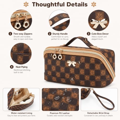 YTL Makeup Bag Travel Cosmetic Bag PU Leather Toiletry Case Pouch for Women - color: Checked Coffee