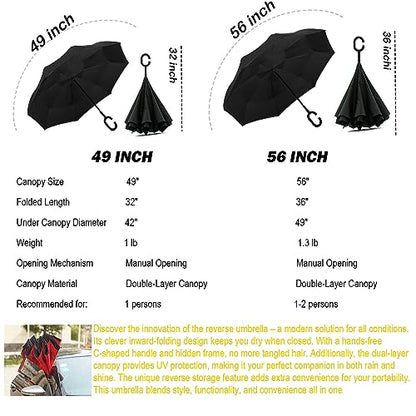 SIEPASA 49/56 Inch Inverted Reverse Upside Down Umbrella, Extra Large Double Canopy Vented Windproof Waterproof Stick Golf Umbrellas with C-shape Handle. - color: Black, size: 56 Inch