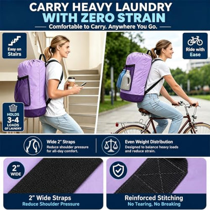 Backpack Laundry Bag, Durable polyster Laundry Backpack Bag with Shoulder Straps, Drawstring Closure & Mesh Pocket, Large Clothes Hamper for Dorm, Travel, Laundromat (Purple) - color: Purple