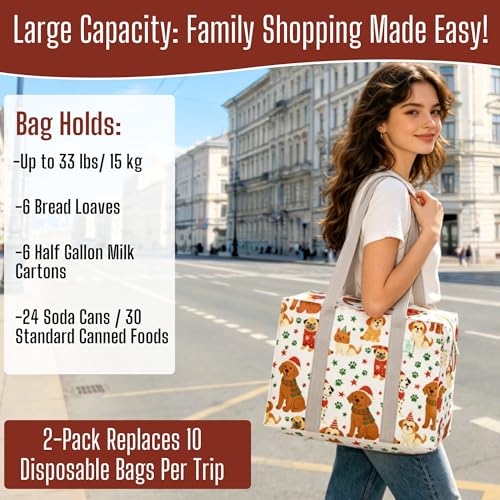 VENO 2 Pack Utility Tote Reusable Grocery Bags with Zipper & Hard Bottom - color: Holiday Pups, size: 2 Pack