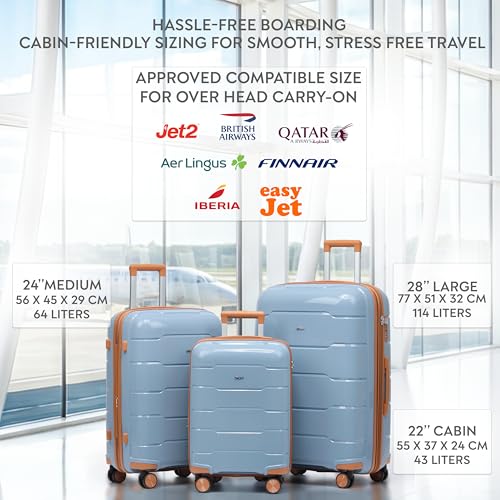 3-Piece Luggage Set Expandable Hardside Polypropylene Suitcase Set with TSA Locks & 8 Silent Spinner Wheels Lightweight Nested Suitcases Travel Set American Airline-Approved Carry-On - Blue/Tan - color: Blue/Tan, size: 3-Piece Set