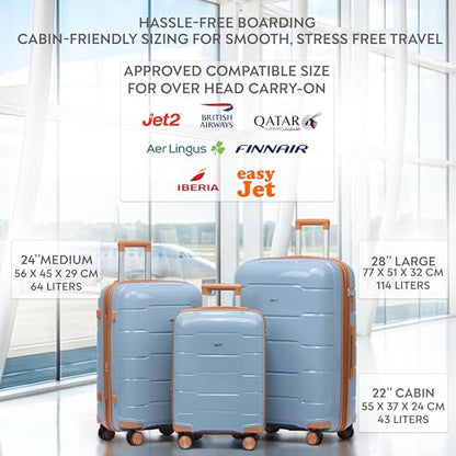 3-Piece Luggage Set Expandable Hardside Polypropylene Suitcase Set with TSA Locks & 8 Silent Spinner Wheels Lightweight Nested Suitcases Travel Set American Airline-Approved Carry-On - Blue/Tan - color: Blue/Tan, size: 3-Piece Set
