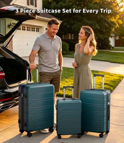 3 Piece Expandable Luggage Set with Spinner Wheels Hardshell Suitcase Set - color: Cyan