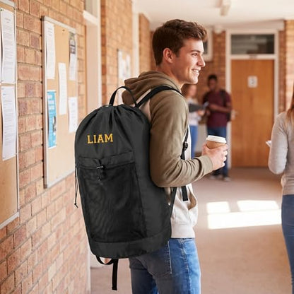 Personalized Laundry Bag Heavy Duty Custom Graduation University XL Bag Backpack with Hanging Shoulder Strap & Mesh Pocket - Back to School College Graduation Gift - Choose Your Font & Thread Color - color: Black