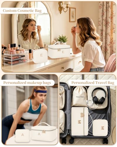 Custom Cosmetic Bag for Women Vacation Weekend Trips & Everyday Use Beige B | Initial Large Travel Cosmetic Case for Women with Metal Letter Design, Spacious Toiletry Organizer with Divider & Handle - size: B