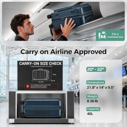 Carry on Luggage Top opening Suitcases, Expandable with Cup&Phone Holder and USB Charging Port,Hardside with Front Pocket Rolling Suitcases with Spinner Wheels & YKK Zippers (Navy, 20 Inch) - color: Navy