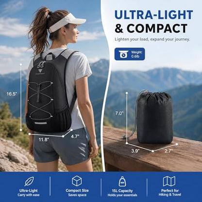 TILYMOL 15L Small Hiking Backpack for Men Women – Foldable Packable Daypack with Hydration System Compatible & Shoulder Strap Phone Pocket, Lightweight for Travel Camping Outdoor (Black) - color: Black
