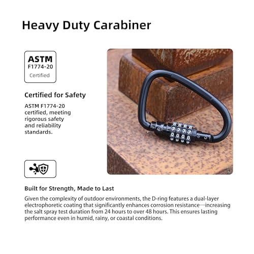 Combination Lock Outdoor Carabiner Heavy Duty D Ring, Large Locking Carabiner Clip, Motorcycle Helmet Lock with 4.5 ft Retractable Cable, for Hiking, Backpack, Travel Luggage Anti Theft - color: Black, style: D Ring