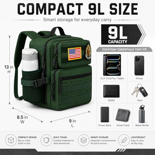 9L Mini Tactical Backpack for Men and Women, Gym Hiking Travel Daypack - color: Army Green